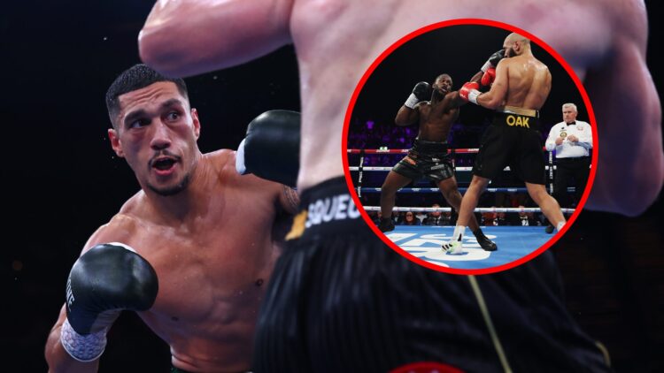 Jai Opetaia faces Claudio Squeo with inset of Aloys Jr throwing a straight left at Lewis Oakford