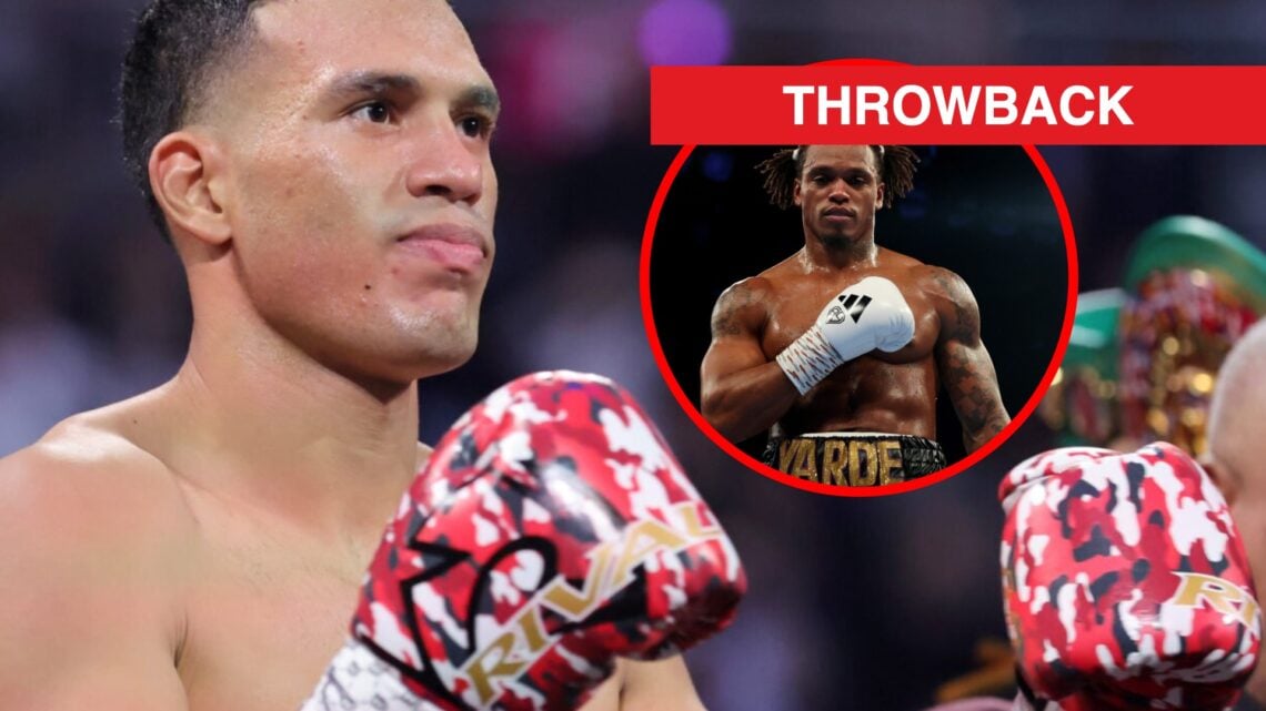 David Benavidez raises his hands with camo boxing gloves on with inset of Anthony Yarde facing the camera after a win over Marko Nikolic