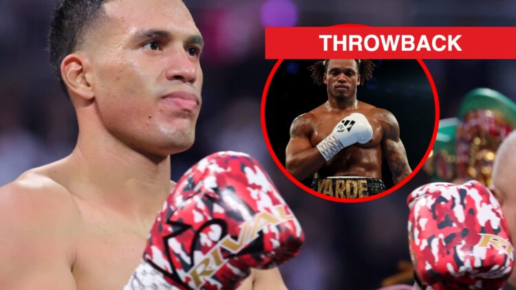 David Benavidez raises his hands with camo boxing gloves on with inset of Anthony Yarde facing the camera after a win over Marko Nikolic