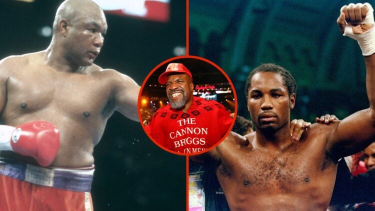 Split image of George Foreman and Lennox Lewis with inset of Shannon Briggs