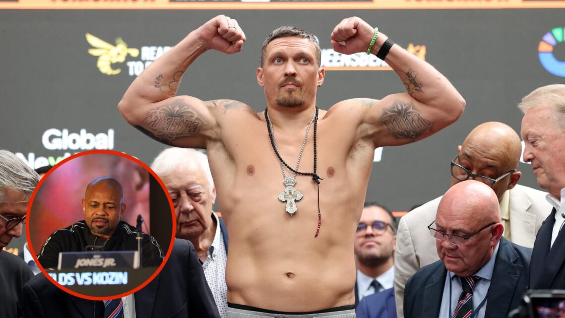 Image of Oleksandr Usyk at weigh-in with inset of Roy Jones Jr.