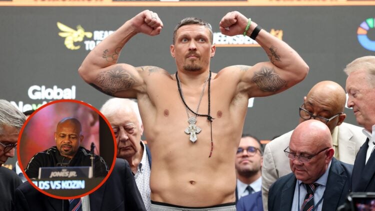 Image of Oleksandr Usyk at weigh-in with inset of Roy Jones Jr.