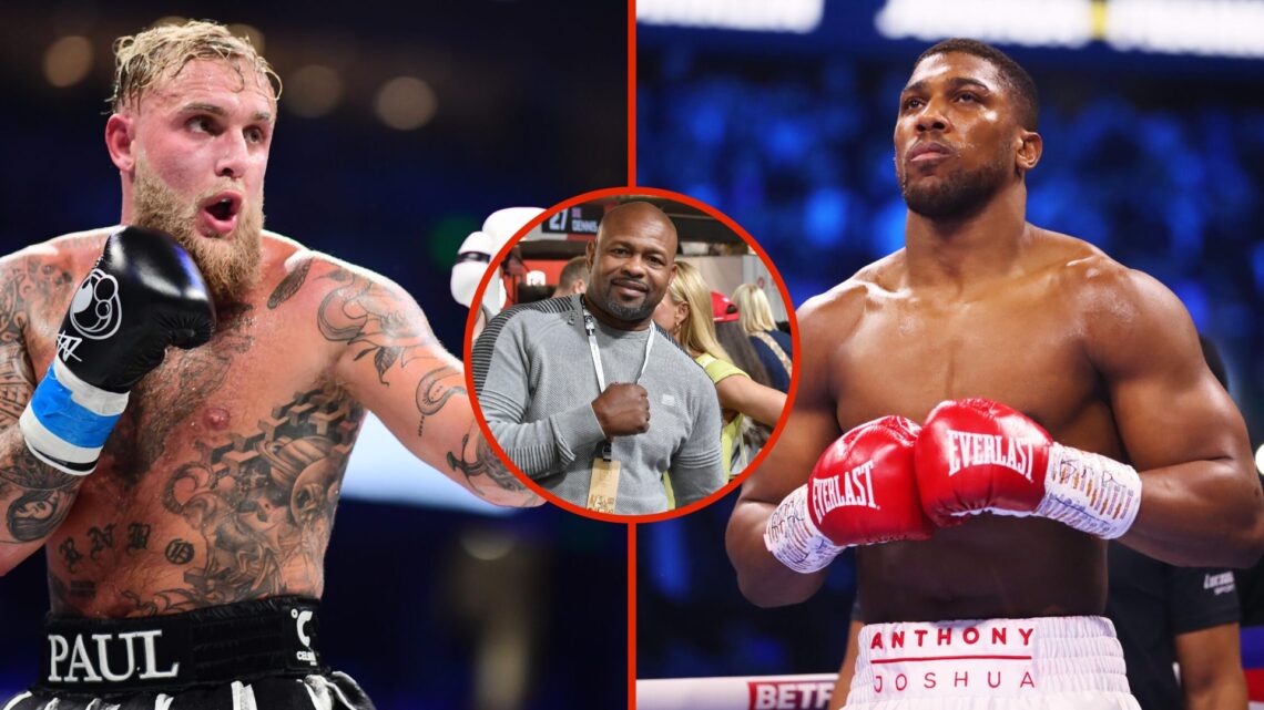 Split image of Jake Paul and Anthony Joshua in ring with inset of Roy Jones Jr.