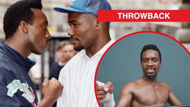 Nigel Benn facing off with Kid Milo with inset of Nigel Benn pointing at the camera in training