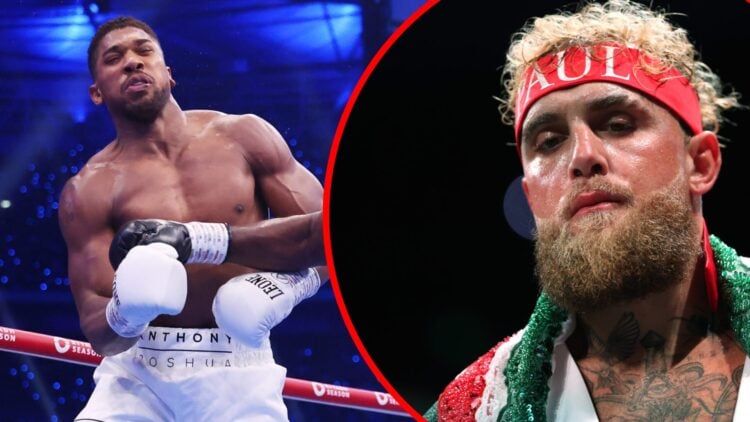 Anthony Joshua recoiling from a shot thrown by Daniel Dubois split with Jake Paul in a headband during his fight with Julio Cesar Chavez Jr.