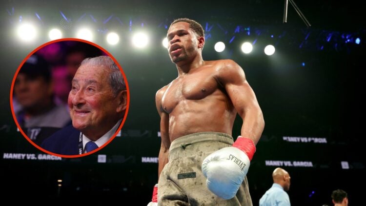 Image of Devin Haney in ring with inset of Bob Arum