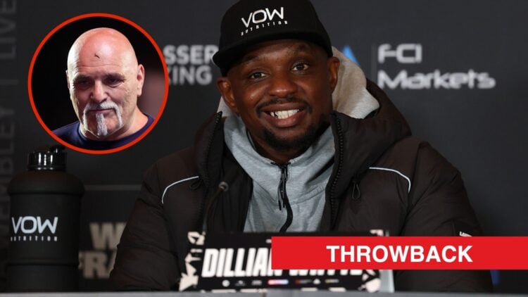 Image of Dillian Whyte smiling at press conference with an inset of John Fury looking into the distance with throwback label