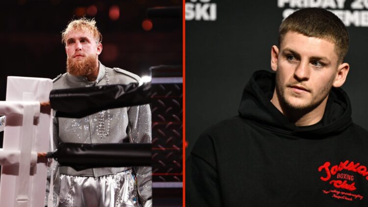 Split image of Jake Paul standing in ring at open workout and Callum Walsh looking to his right at press conference