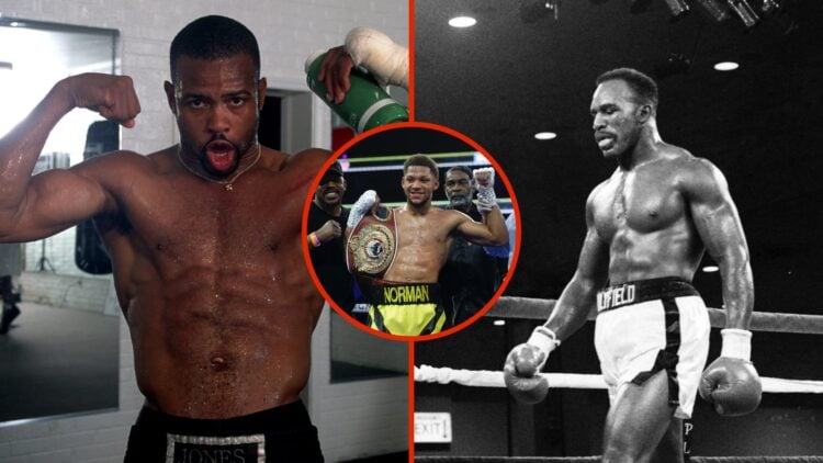 Split image of Roy Jones Jr. flexing his muscles and Evander Holyfield walking in ring in black and white with inset of Brian Norman Jr. raising hi...