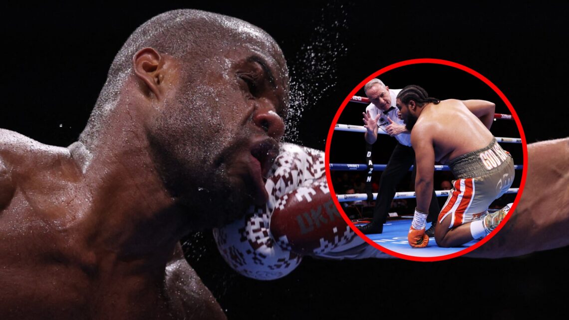 Sweat flies of Daniel Dubois face as he takes a shot from Oleksandr Usyk with inset of Jeamie TKV takes a knee after David Adeleye struck him after...