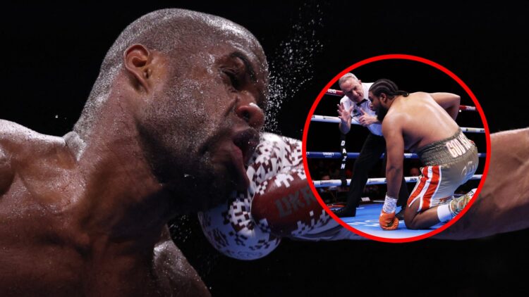 Sweat flies of Daniel Dubois face as he takes a shot from Oleksandr Usyk with inset of Jeamie TKV takes a knee after David Adeleye struck him after...
