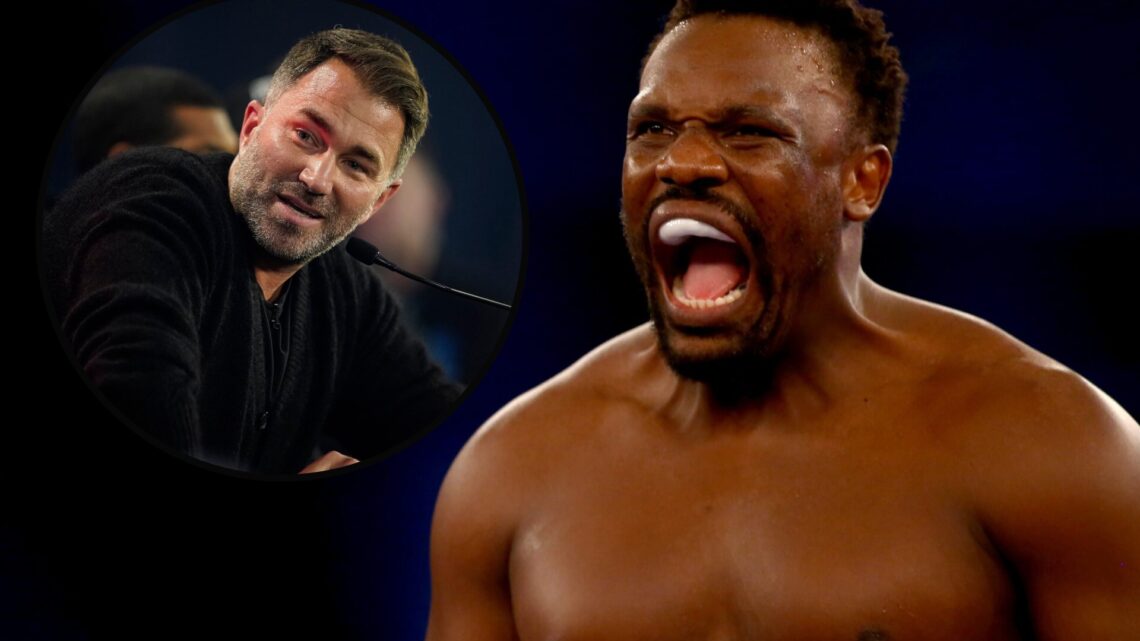 Derek Chisora shouting in close-up with inset of Eddie Hearn speaking into the mic at a press conference