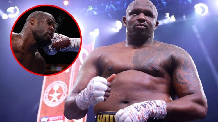 Whyte looking huge in his fight with Mariusz Wach with inset of Daniel Dubois being punched in the face by Oleksandr Usyk