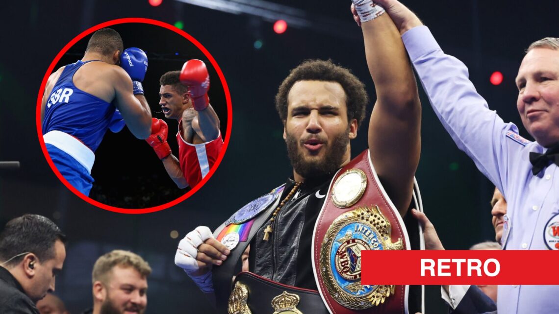 Moses Itauma has his hand raised after beating Demsey McKean with inset of Tony Yoka vs Joe Joyce at the Olympic finals