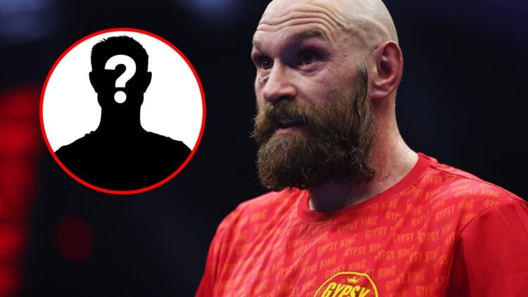 Tyson Fury in a red shirt with big beard after his second loss to Oleksandr Usyk with inset of mystery silhouette