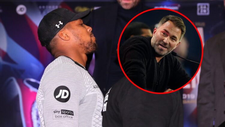 Anthony Joshua and Jarrell Miller face off ahead of their fight with inset of Eddie Hearn talking into a mic at a press conference