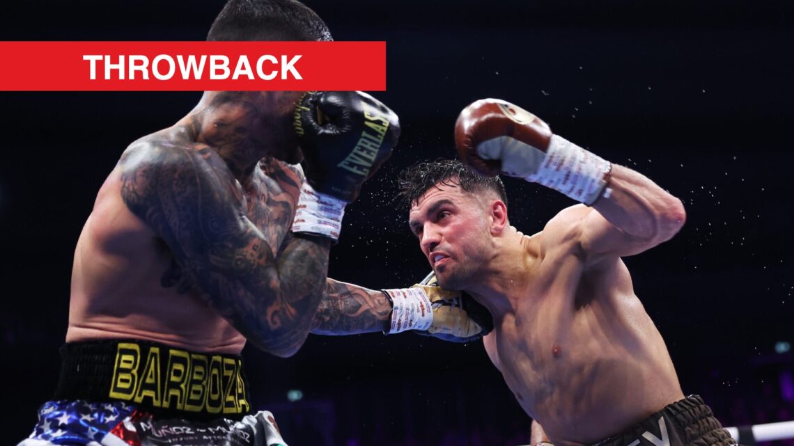 Image of Jack Catterall throwing punch at Arnold Barboza Jr with throwback label