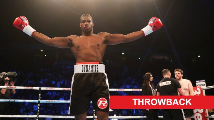 Daniel Dubois celebrates with his arms outstretched after knockout out Marcus Kelly on his boxing debut in 2017, with a red rectangle in the bottom...