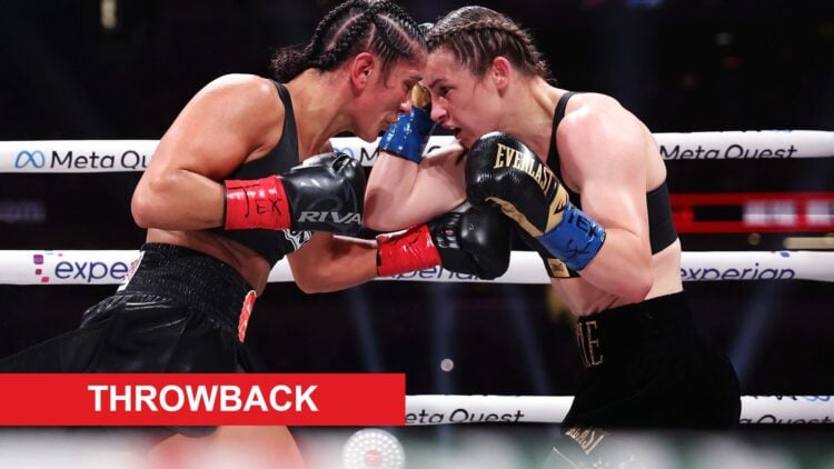 Katie Taylor and Amanda Serrano butt heads during their 2024 fight, with a red rectangle labeled "throwback" in the bottom left hand corner.