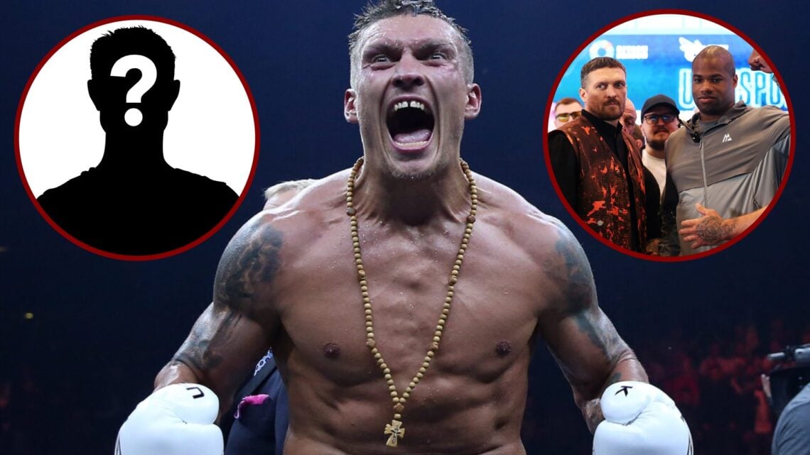 Oleksandr Usyk screaming after beating Marco Huck with inset of Usyk stood beside Daniel Dubois who has his fist raised at their press conference a...