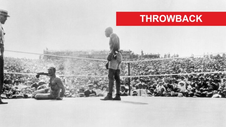 Jack Johnson stands over a knocked out Jim Jeffries during their 1910 "Fight of the Century", with a red rectangle labeled "throwback" in the top r...