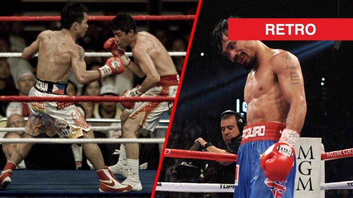 Manny Pacquiao throws an uppercut at Jorge Solis split with Pacquiao looking down whilst wearing red and blue trunks in the ring