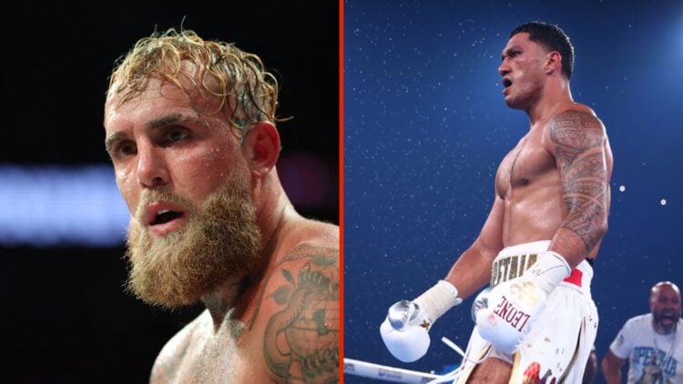 Split image of Jake Paul and Jai Opetaia in ring
