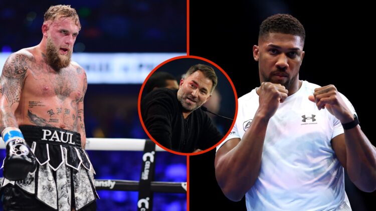 Split image of Jake Paul and Anthony Joshua with inset of Eddie Hearn