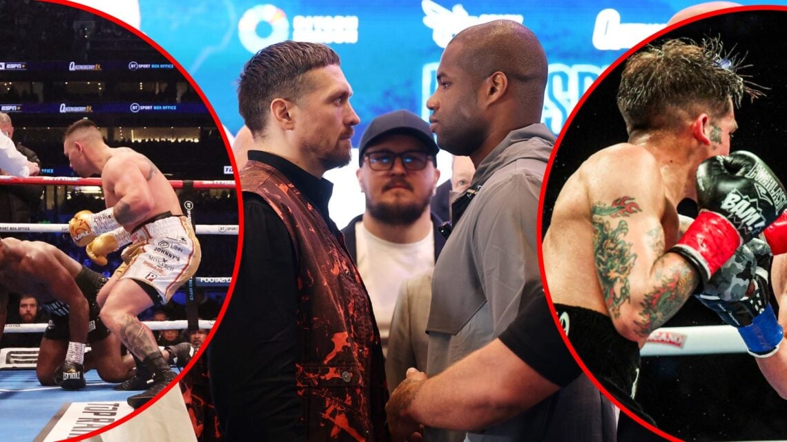 Oleksandr Usyk and Daniel Dubois face off with insets of Kevin Lerena dropping Daniel Dubois and Bam Rodriguez landing a left hook on the face of J...