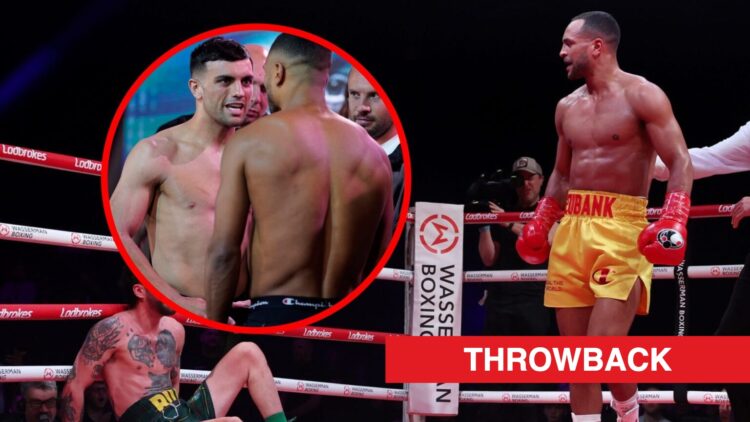 Harlem Eubank looks on at downed Tyrone McKenna with inset of Jack Catterall and Harlem Eubank facing off