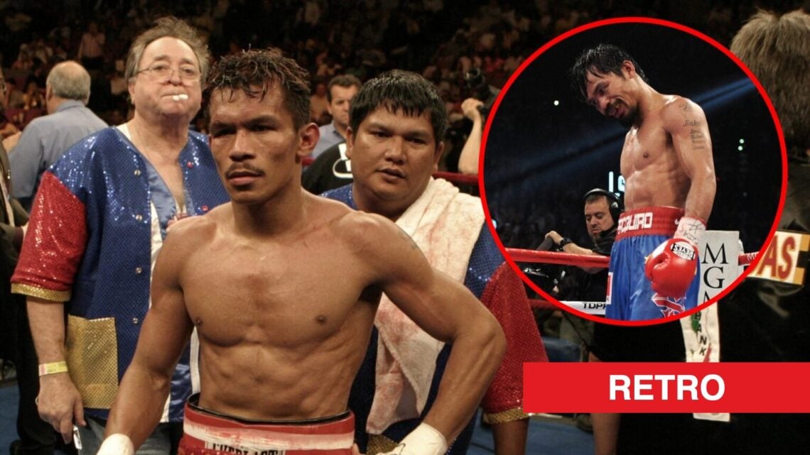 Bobby Pacquiao walks around the ring after losing to Humberto Soto with inset of Manny Pacquiao looking down after a fight