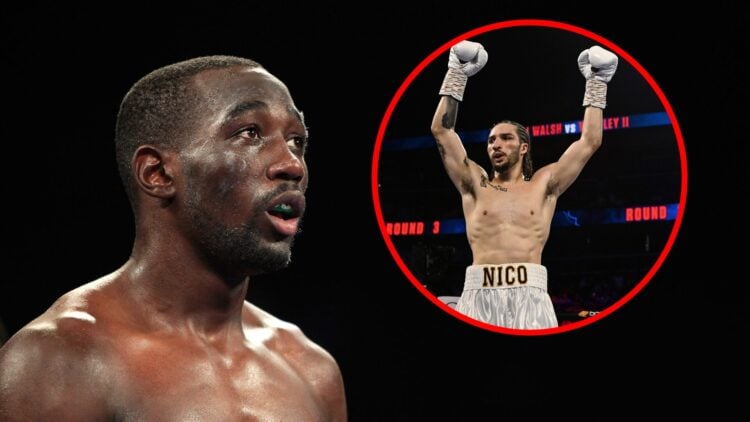 Terence Crawford looks forward with black backdrop during his fight with Viktor Postol with inset of Nico Ali Walsh raising his hands to celebrate ...