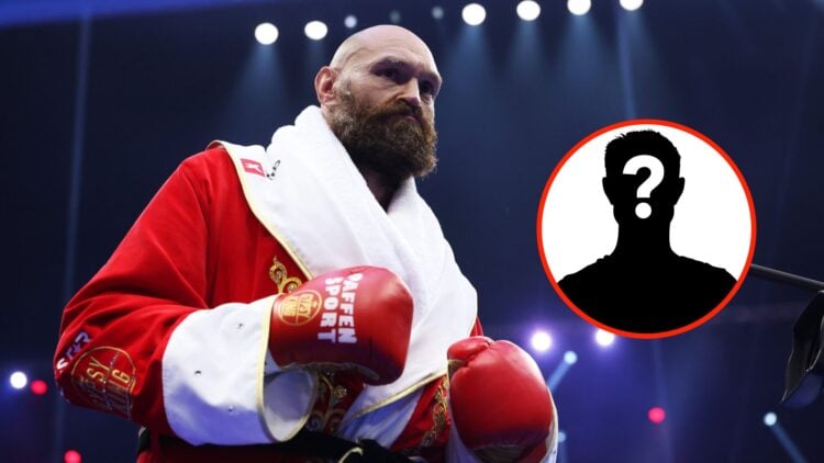 Tyson Fury enters the ring for his heavyweight rematch against Oleksandr Usyk wearing a red and white robe. with a mystery overlay in a circle to h...