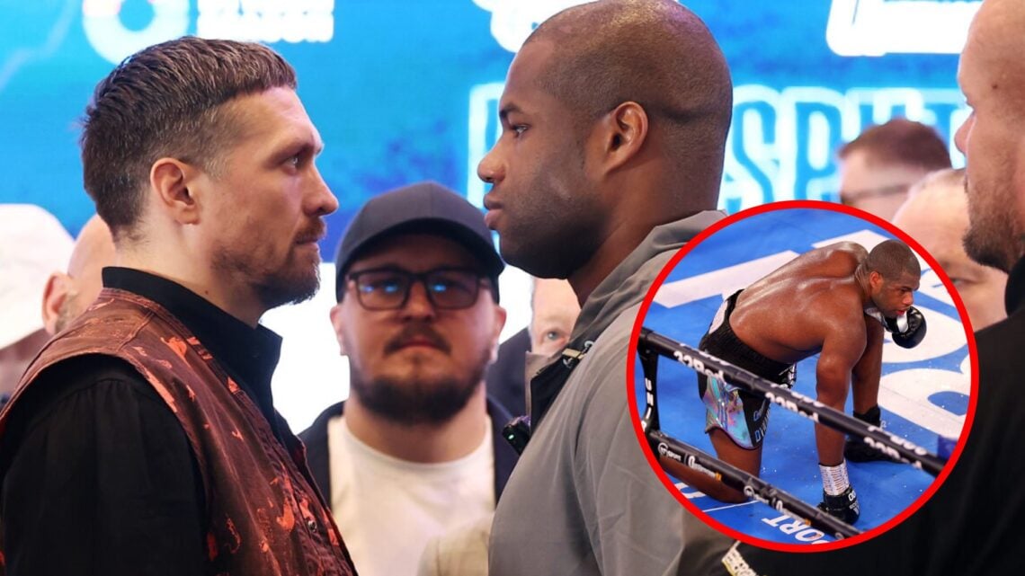 Oleksandr Usyk and Daniel Dubois face off with inset of Dubois on one knee after having his eye socket fractured by Joe Joyce