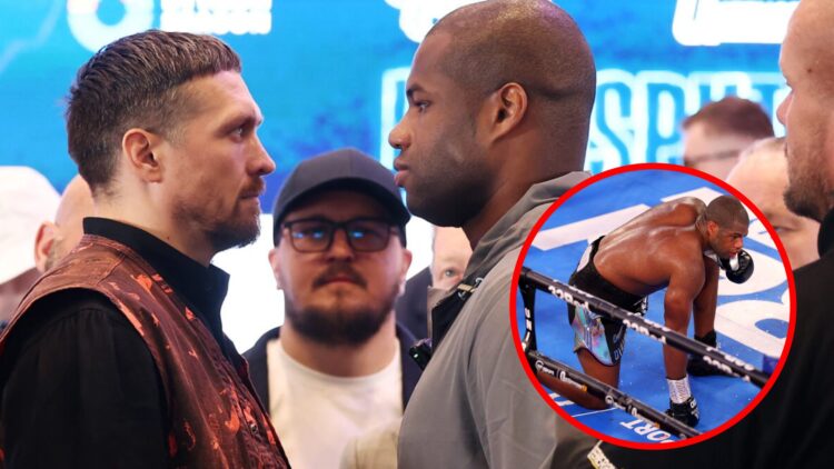 Oleksandr Usyk and Daniel Dubois face off with inset of Dubois on one knee after having his eye socket fractured by Joe Joyce