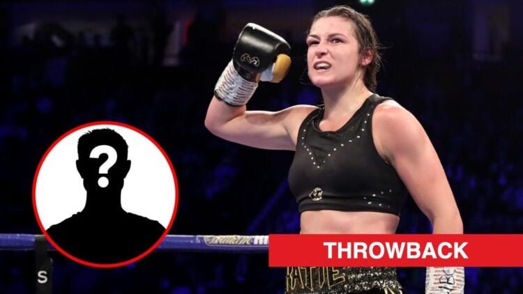 Katie Taylor raising her hand to celebrate a win over Christina Linardatou with inset of mystery silhouette