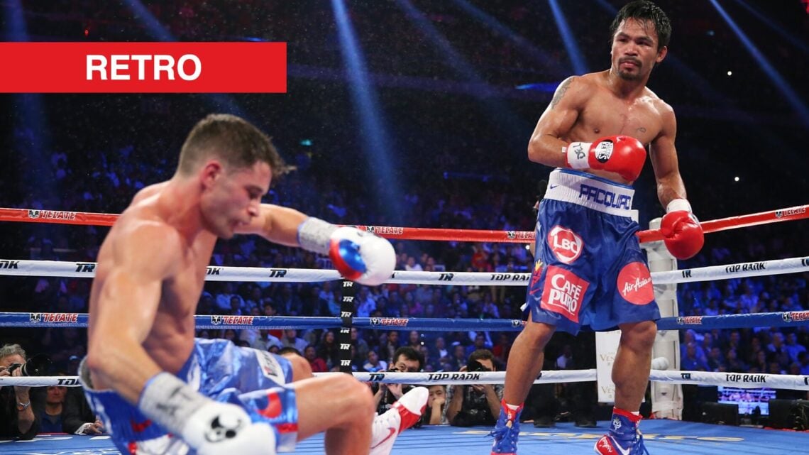 Manny Pacquiao watches as Chris Algieri falls backwards after being struck by Pacquiao