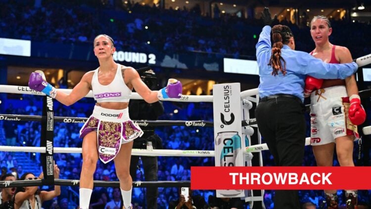 Amanda Serrano reacting to victory with throwback label.