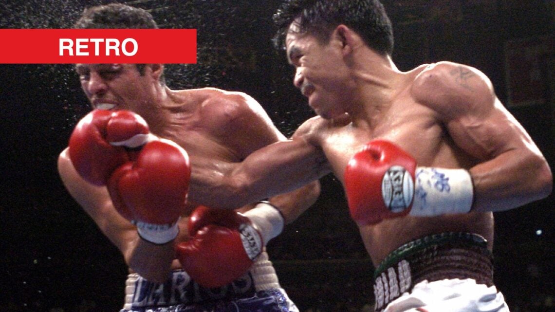 Manny Pacquiao lands a punch on Oscar Larios with retro label