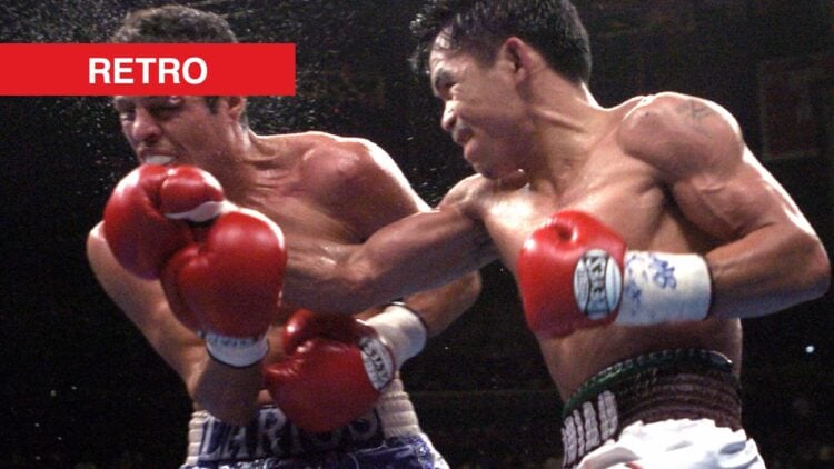 Manny Pacquiao lands a punch on Oscar Larios with retro label