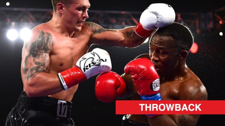 Oleksandr Usyk strikes Thabiso Mchunu with a left hook on the top of his head