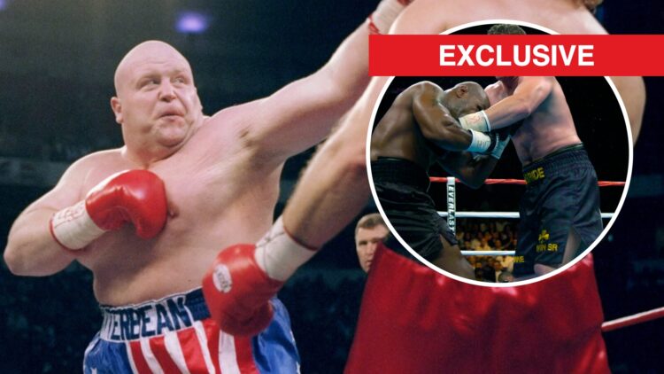 Butterbean throwing a straight left at Curt Allen whilst wearing US themed shorts with inset of Kevin McBride and Mike Tyson entangled in their fight