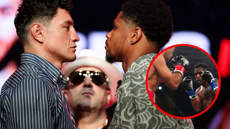 Shakur Stevenson and William Zepeda face off with inset of Subriel Matis guarding his head as he faces Petros Ananyan
