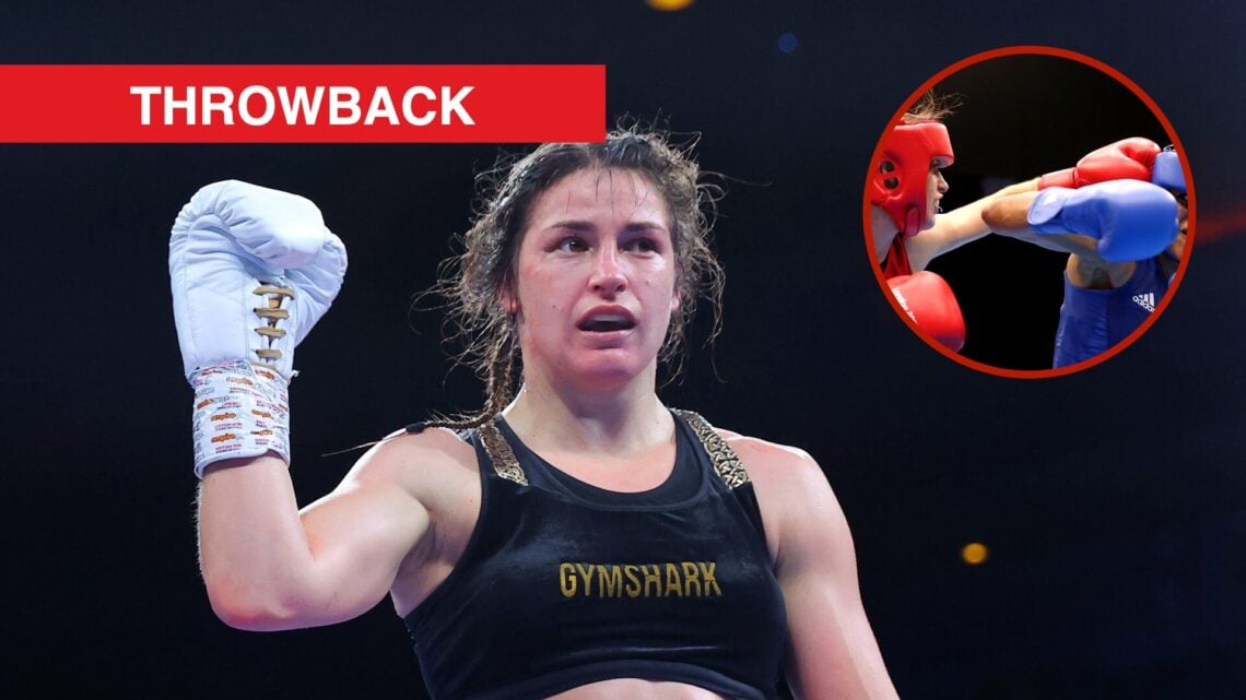 Image of Katie Taylor in ring with inset of Katie Taylor fighting Natasha Jonas at Olympic Games with throwback label