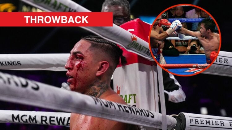 Image of Mario Barrios sitting on a stool in corner of ring with inset of Manny Pacquiao vs Keith Thurman and throwback label.