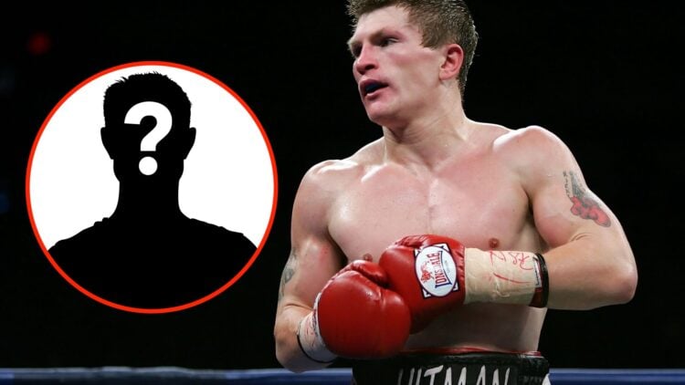 Ricky Hatton touches his gloves together during his fight with Jose Luis Castillo, with a mystery overlay to the left of him