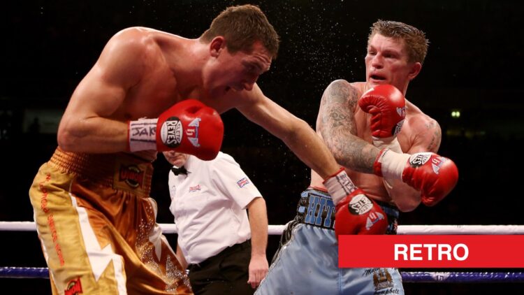 Ricky Hatton landing a punch on Vyacheslav Senchenko with retro label