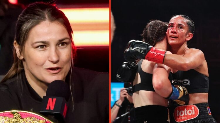 Katie Taylor sitting behind a microphone at the Taylor v Serrano 3 - Kick-Off Press Conference and Katie Taylor and Amanda Serrano embrace after th...