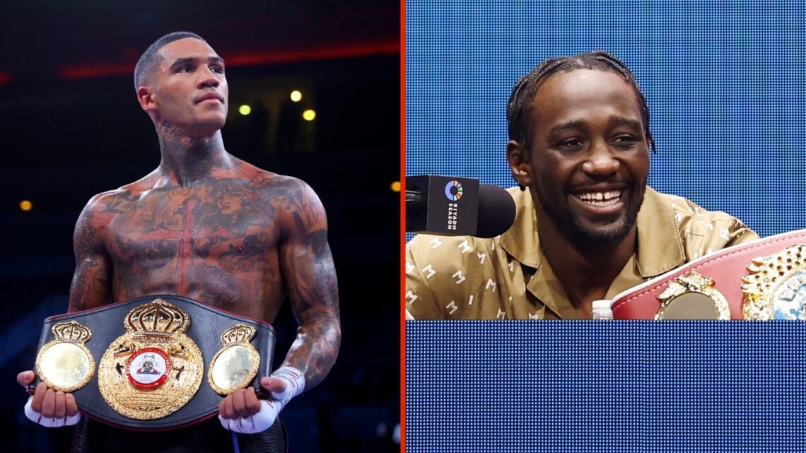 Split image of Conor Benn in ring and Terence Crawford at press conference