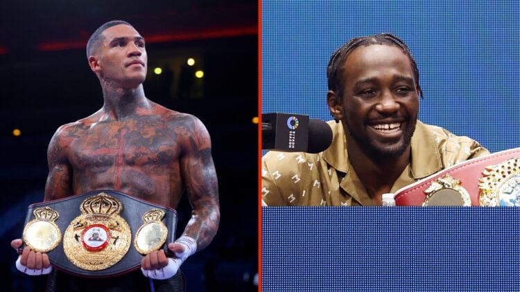 Split image of Conor Benn in ring and Terence Crawford at press conference
